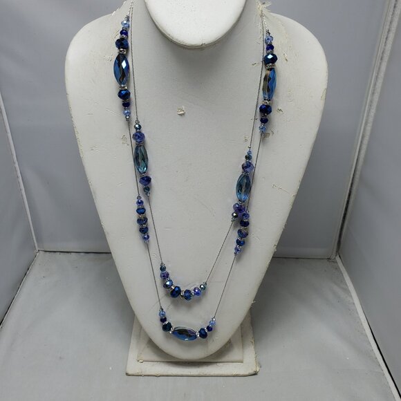 Ali Khan 2 row illusion rope necklace with faceted blue glass beads and crystals - Picture 1 of 9